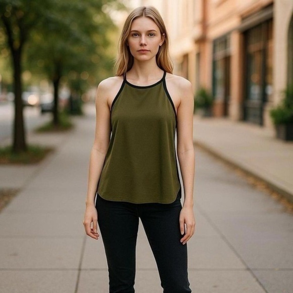 Metaphor Tank Top Womens XL Olive Green Halter Keyhole Tie Neck Blouse